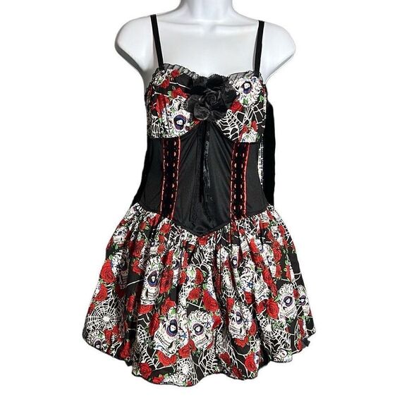 Lip Service Skulls & Roses Dress Up Costume Cosplay Mini Dress Size M - Picture 4 of 13